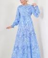 2145 Desenli Tesettür Elbise - Mavi