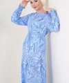 2145 Desenli Tesettür Elbise - Mavi