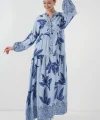 23 Otantik Desenli Tesettür Elbise  Mavi  Lacivert