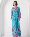 2423 Otantik Desenli Tesettür Elbise - Buz Mavi