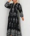 2423 Otantik Desenli Tesettür Elbise - Siyah 11