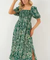 2512 Desenli Yırtmaçlı Elbise - Zümrüt Yeşili