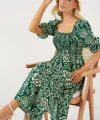 2512 Desenli Yırtmaçlı Elbise - Zümrüt Yeşili