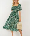 2512 Desenli Yırtmaçlı Elbise - Zümrüt Yeşili