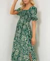 2512 Desenli Yırtmaçlı Elbise - Zümrüt Yeşili