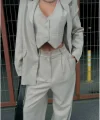 3 lü Kadın Takım Beyaz Çizgi Detaylı Crop Yelek Ceket Bol Kesim Bol Paça Pantolon Alt Üst Takım - Beyaz