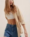 3900 Oversize Uzun Basic Gömlek  Bej