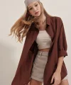 3900 Oversize Uzun Basic Gömlek  Kahverengi