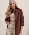 3900 Oversize Uzun Basic Gömlek  Kahverengi