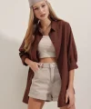 3900 Oversize Uzun Basic Gömlek  Kahverengi