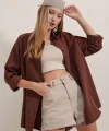 3900 Oversize Uzun Basic Gömlek  Kahverengi