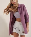 3900 Oversize Uzun Basic Gömlek - Koyu Lila