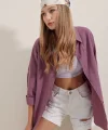 3900 Oversize Uzun Basic Gömlek - Koyu Lila