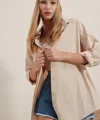 3900 Oversize Uzun Basic Gömlek  Krem