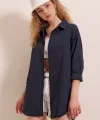 3900 Oversize Uzun Basic Gömlek  Lacivert