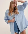 3900 Oversize Uzun Basic Gömlek  Mavi