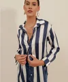 3964 Hafif Dökümlü Çizgili Saten Gömlek - A.Lacivert