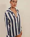 3964 Hafif Dökümlü Çizgili Saten Gömlek - A.Lacivert