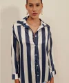 3964 Hafif Dökümlü Çizgili Saten Gömlek - A.Lacivert