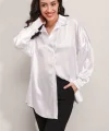3985 Oversize Saten Gömlek  Beyaz