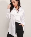 3985 Oversize Saten Gömlek  Beyaz