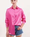 3985 Oversize Saten Gömlek  Fuşya
