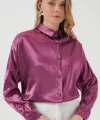 3985 Oversize Saten Gömlek  Koyu Lila