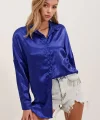 3985 Oversize Saten Gömlek  Saks