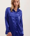 3985 Oversize Saten Gömlek  Saks