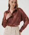 3985 Oversize Saten Gömlek  Taba