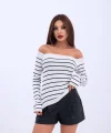 4206 TRİKO ÇİZGİLİ KAYIK YAKA CROP-EKRU-SİYAH