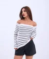 4206 TRİKO ÇİZGİLİ KAYIK YAKA CROP-EKRU-SİYAH