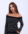 4206 TRİKO ÇİZGİLİ KAYIK YAKA CROP-SİYAH-EKRU