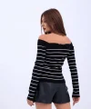 4206 TRİKO ÇİZGİLİ KAYIK YAKA CROP-SİYAH-EKRU