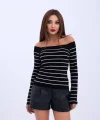 4206 TRİKO ÇİZGİLİ KAYIK YAKA CROP-SİYAH-EKRU