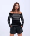 4206 TRİKO ÇİZGİLİ KAYIK YAKA CROP-SİYAH-EKRU
