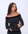 4206 TRİKO ÇİZGİLİ KAYIK YAKA CROP-SİYAH-EKRU