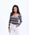 42221 TRİKO ÇİZGİLİ FİTİLLİ CROP-GRİ-SİYAH