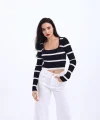 42221 TRİKO ÇİZGİLİ FİTİLLİ CROP-SİYAH-EKRU
