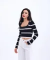 42221 TRİKO ÇİZGİLİ FİTİLLİ CROP-SİYAH-EKRU