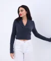 42531 TRİKO SİMLİ YAKALI CROP-ANTRASİT