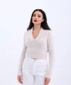 42531 TRİKO SİMLİ YAKALI CROP-EKRU