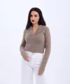 42531 TRİKO SİMLİ YAKALI CROP-KAHVE