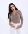 42531 TRİKO SİMLİ YAKALI CROP-KAHVE