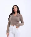 42531 TRİKO SİMLİ YAKALI CROP-KAHVE