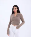 42531 TRİKO SİMLİ YAKALI CROP-KAHVE