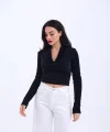 42531 TRİKO SİMLİ YAKALI CROP-SİYAH