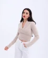 42531 TRİKO SİMLİ YAKALI CROP-TAŞ