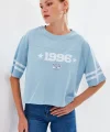 4322 Baskılı Oversize Basic Tişört - Mavi