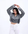 43311 TRİKO ÇİZGİLİ FERMUARLI CROP-GRİ-SİYAH